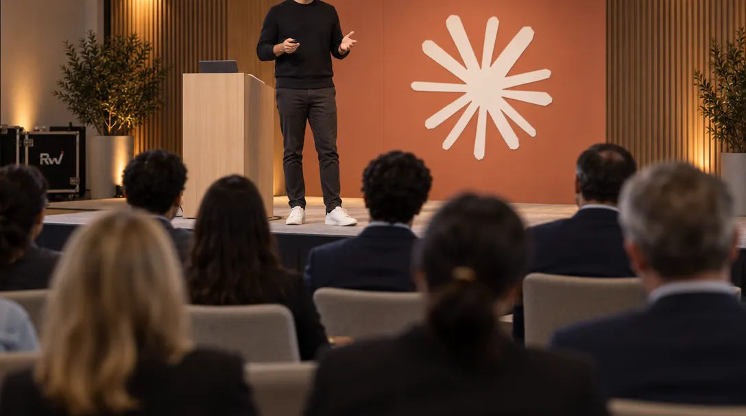 Investors listen to a presenter beneath an Anthropic logo at a private briefing.
