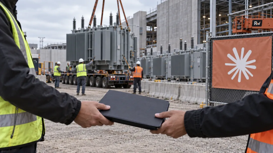 Two workers in safety vests pass a closed laptop at a construction site with large transformers, cranes, and an orange banner bearing a white starburst.