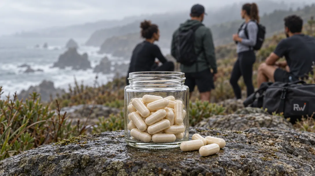 An unbranded jar of capsules sits beside fitness enthusiasts on a foggy coastal trail, illustrating Aonic’s supplement club.