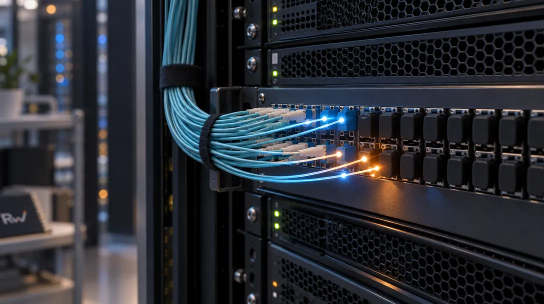 A server rack selectively routes individual data lines, illustrating Apollo GraphQL’s field-level controls for enterprise agents and Intuit’s pilot.
