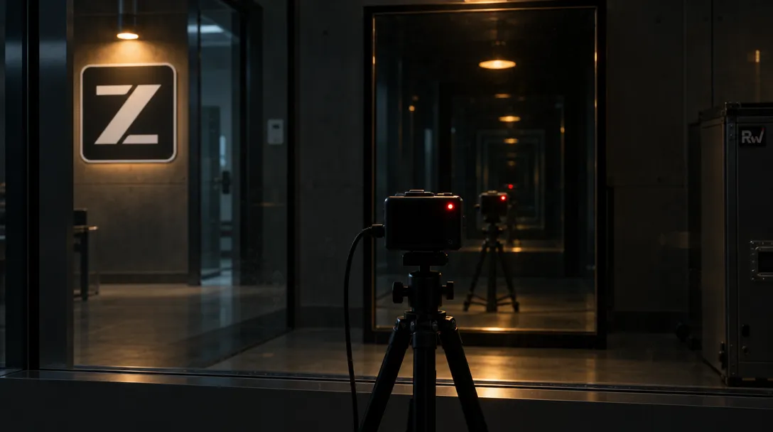 A test camera and its repeated reflection face each other in a dim Z.ai research room.