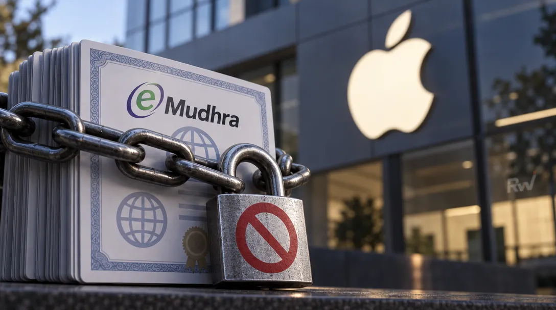 A chain and prohibition-marked padlock bind eMudhra-branded certificates beside a building displaying the Apple logo.