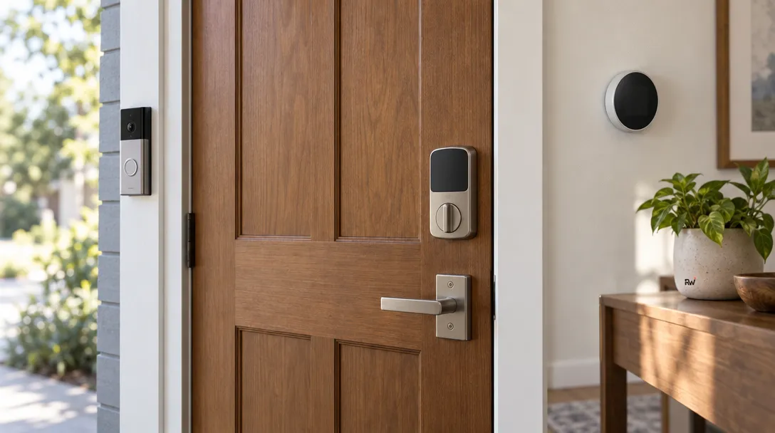 A generic smart doorbell, electronic lock, and thermostat appear around a home entryway, representing Apple and LG’s reported smart-home effort.