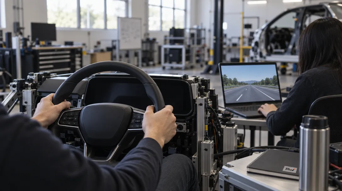 Engineers work beside a vehicle cockpit and a simulated-road screen, representing Nissan and Applied Intuition’s expanded vehicle-software partnership.