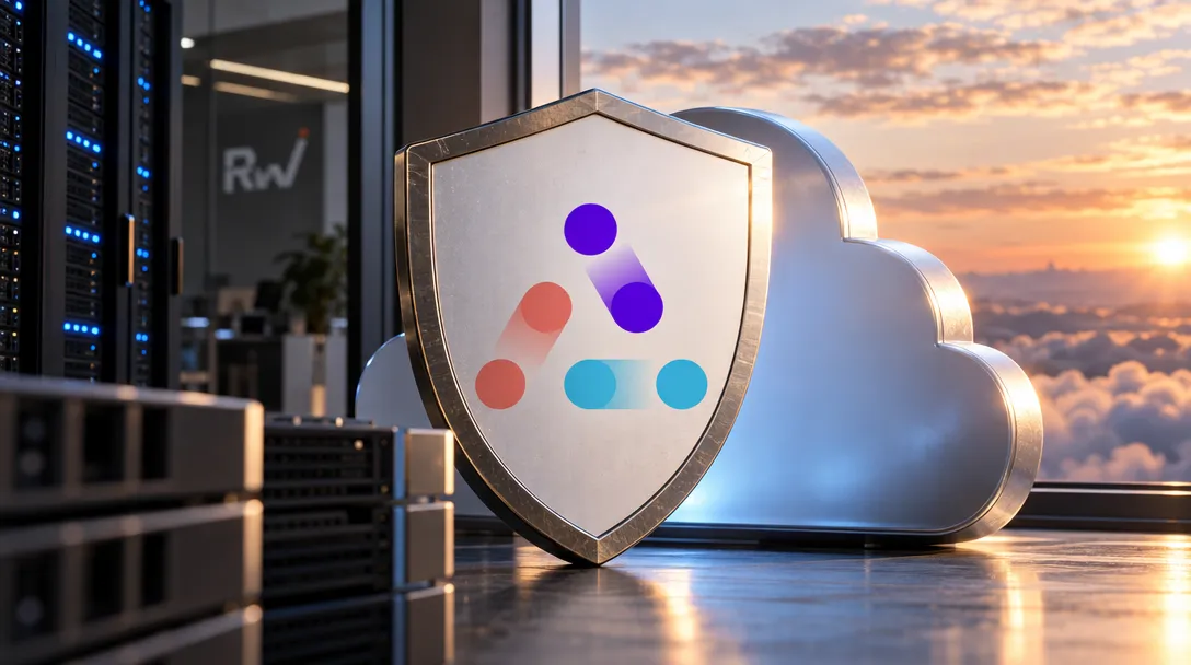 A metallic shield with purple, red, and blue symbols stands before a silver cloud beside server racks marked “Rw.”