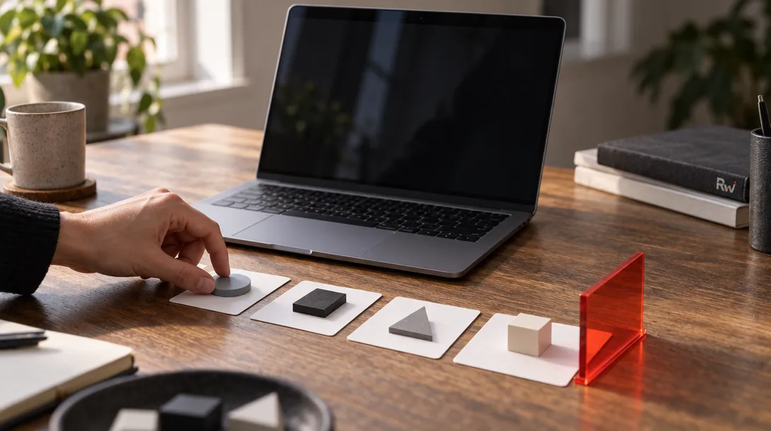 A hand arranges plain task cards beside an open laptop and a small red safety divider.