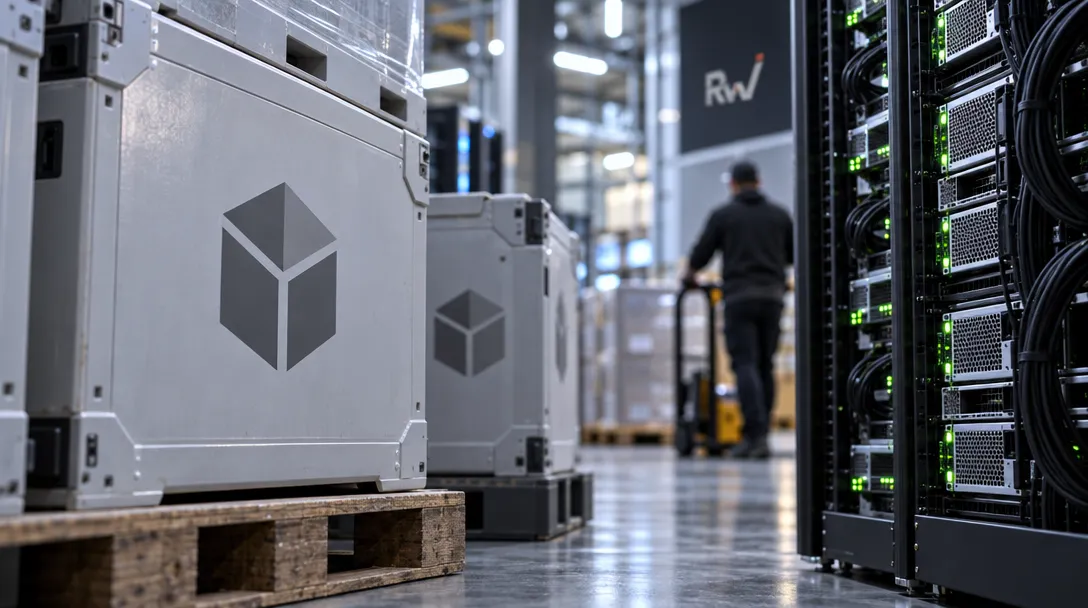Gray equipment crates with cube symbols sit on pallets beside server racks with green lights and cables; a worker pushes a pallet jack down the aisle.
