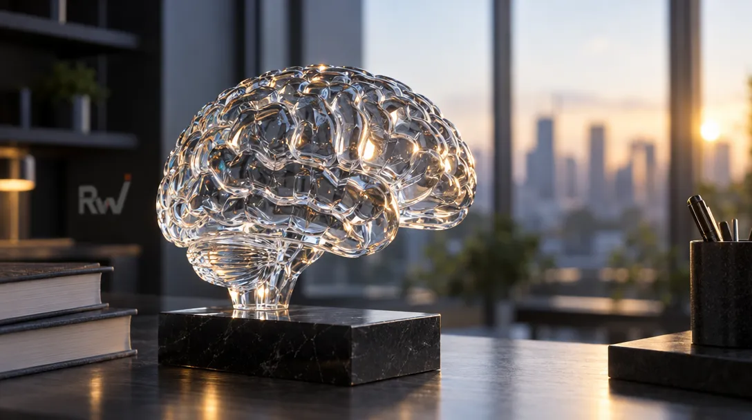 A glass brain sculpture sits on a black marble base beside books and a pen holder, with “Rw” on a shelf.