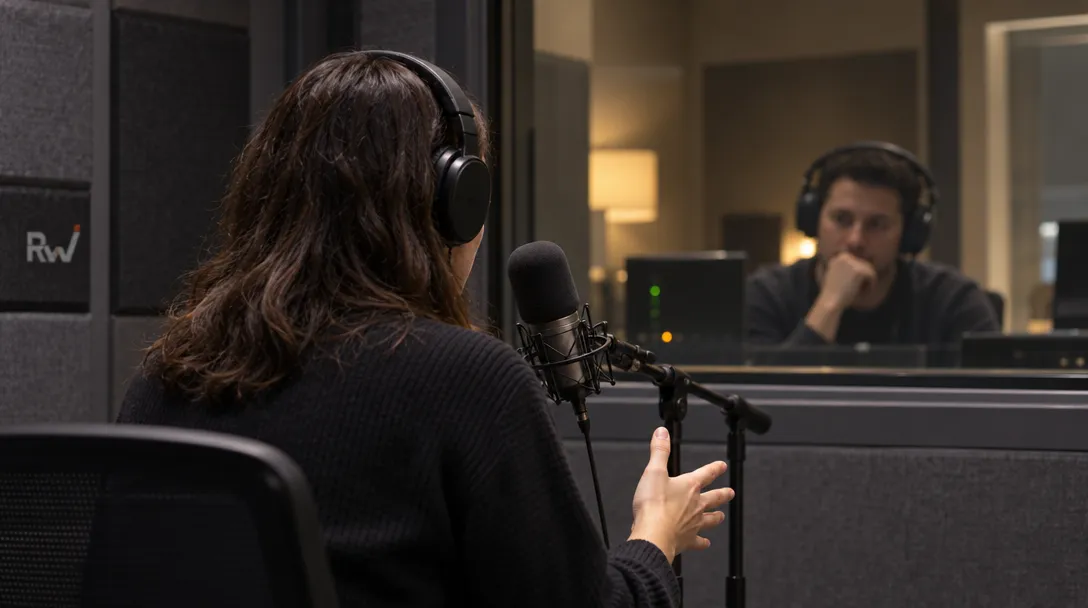 A speaker talks into a studio microphone while another evaluator listens through headphones behind the booth glass.
