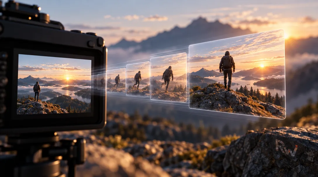 A camera displays a mountain sunset scene with a hiker, alongside floating panels showing the hiker at different moments; “RW” appears on a rock.