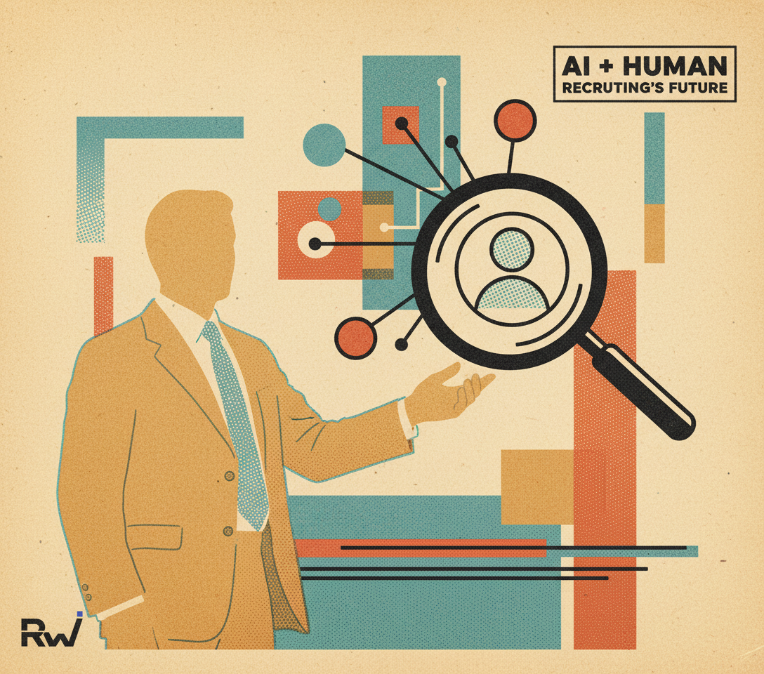 Human-augmented AI in recruiting (1970s offset-print magazine illustration, characterized by halftone dots, slightly off-register inks, and a warm yellowed paper texture.)