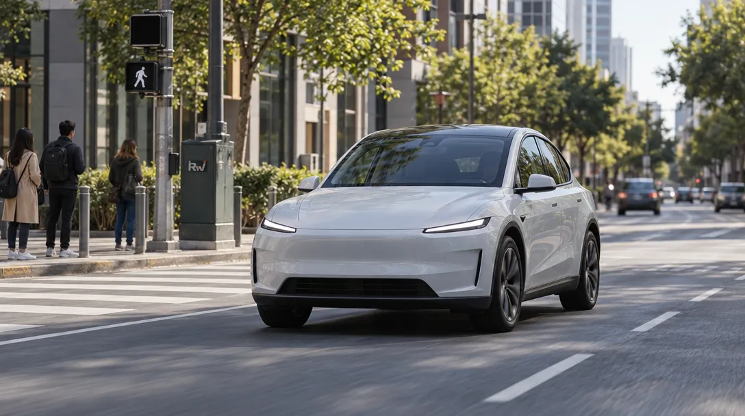An unbranded robotaxi travels past a protected city crosswalk as pedestrians wait safely on the sidewalk.
