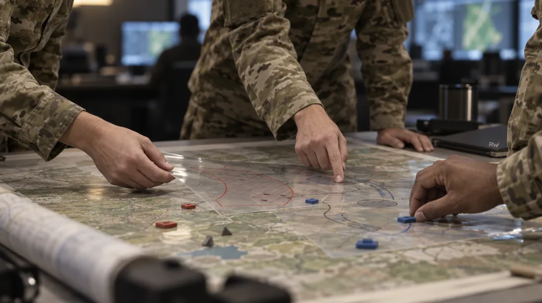Army personnel align transparent map overlays on a terrain map in a command room.