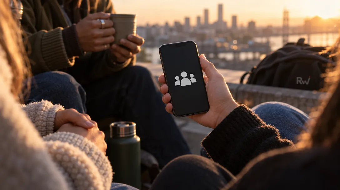 A person holds a phone displaying a group icon as others sit nearby with a cup and bottle; a backpack marked “RW” rests behind them.