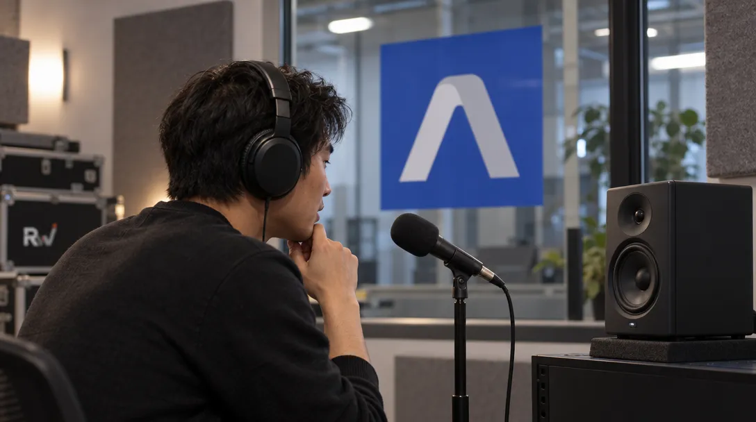A person wearing headphones sits beside a microphone, with a studio speaker and a blue sign bearing a white stylized A.