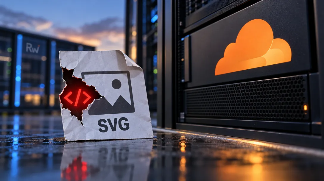 A torn sheet labeled “SVG” with an image icon and glowing code symbols sits beside server racks displaying an orange cloud logo.
