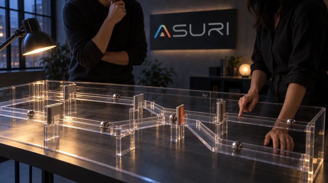 Two collaborators inspect a physical workflow model with a stalled task marker beneath an Asuri sign.