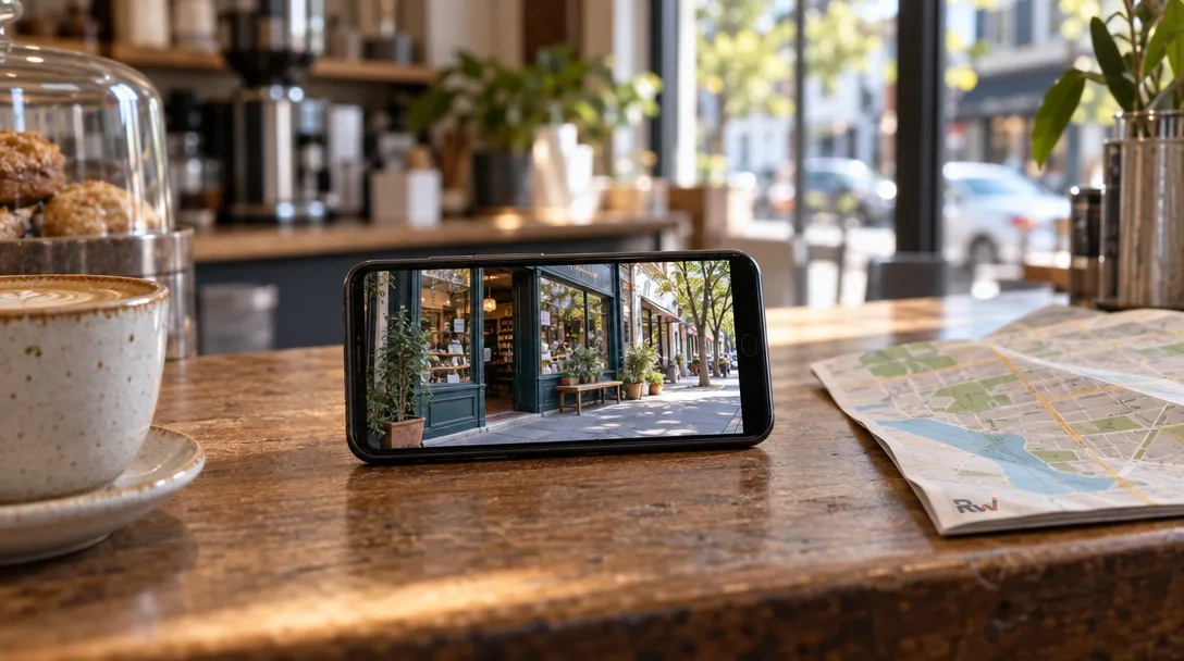 A smartphone displays a neighborhood shop video beside a folded street map, illustrating Atmosfy’s Atlas place-tagged video licensing launch.