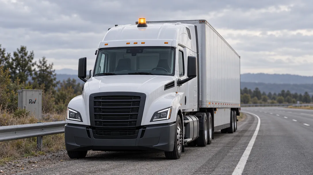 An unmarked driverless freight truck with an amber warning beacon sits on a highway shoulder.