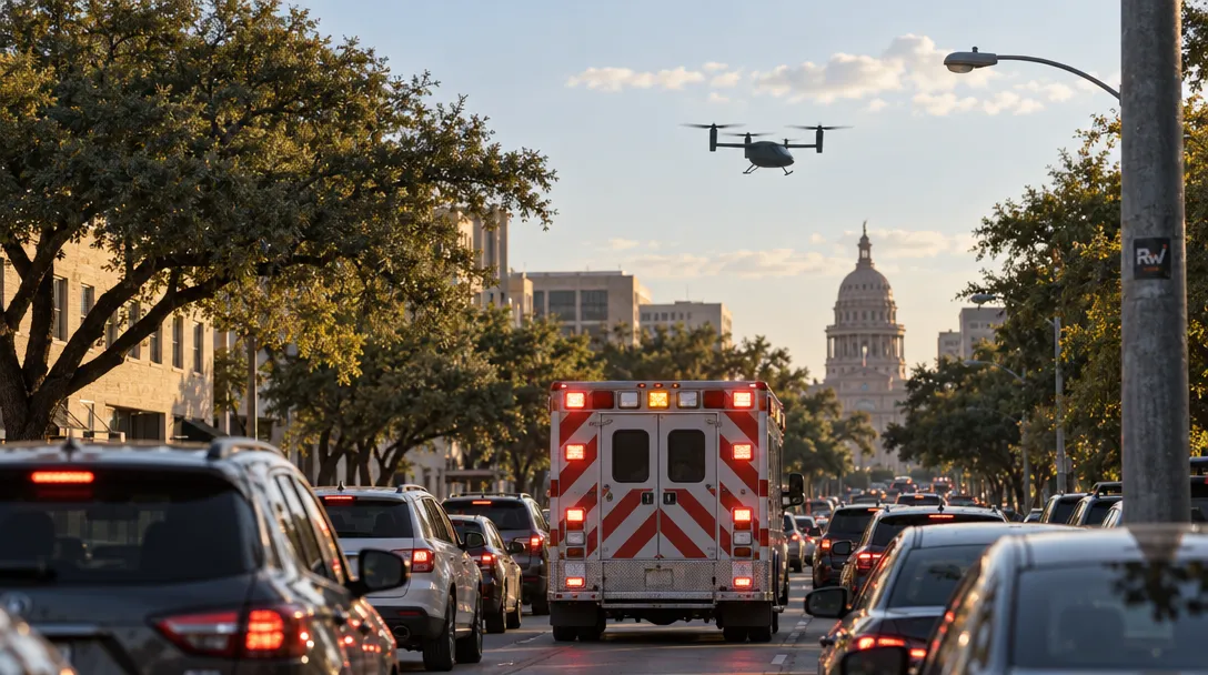 A generic electric vertical-takeoff aircraft passes above Austin traffic as an unbranded ambulance waits on the road below.