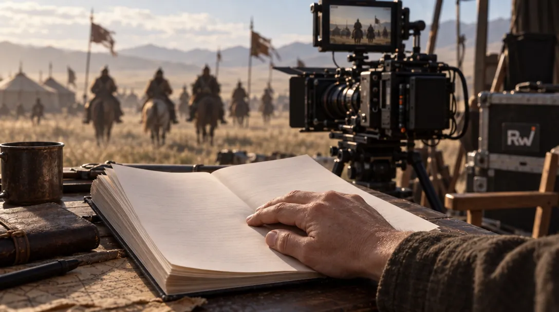 An author’s hand rests on an open novel beside a film camera, with distant mounted figures evoking the Genghis adaptation.