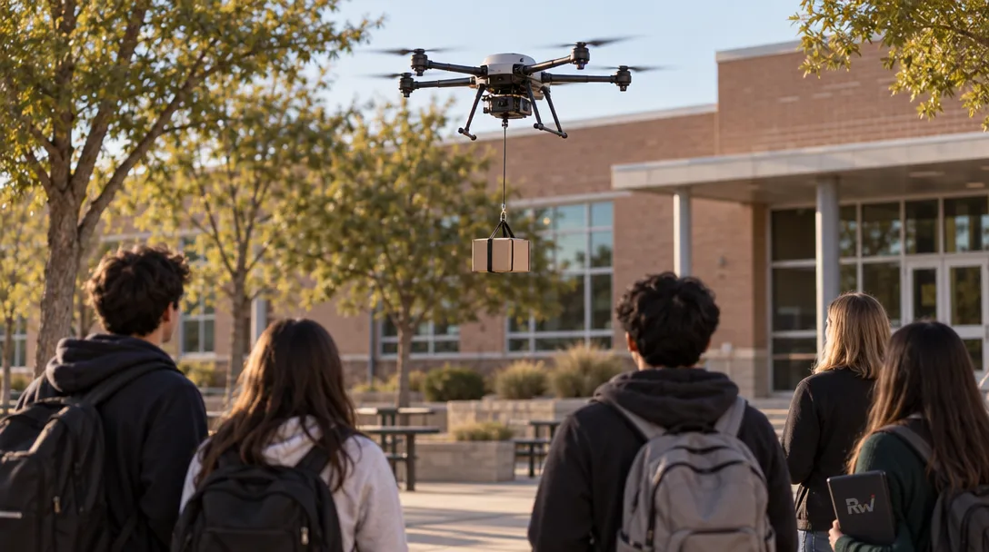 An unmarked delivery drone lowers a small parcel as students and staff watch outside a high school.