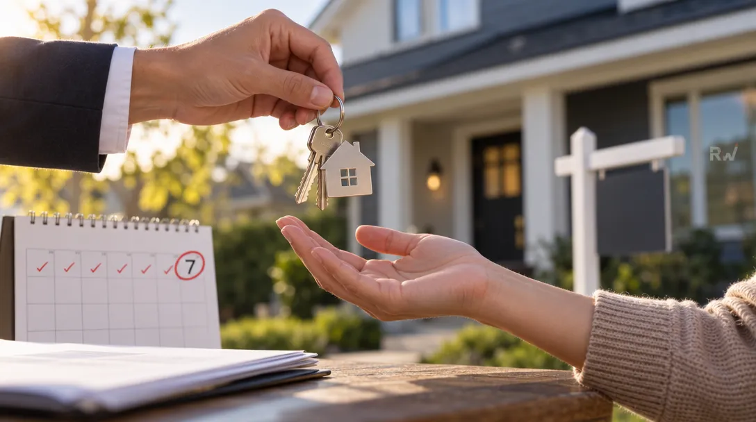 A hand holds house-shaped keys above an outstretched hand, beside a calendar with check marks and a circled 7, in front of a house.