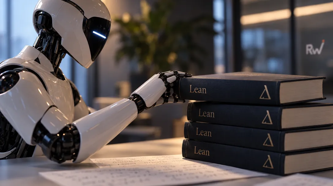 A white humanoid robot rests a hand on four dark books labeled “Lean” beside a sheet of handwritten notes.