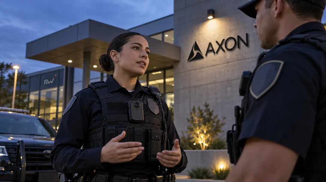 A uniformed officer wearing a body camera stands beside a patrol vehicle outside a training facility with an Axon sign.
