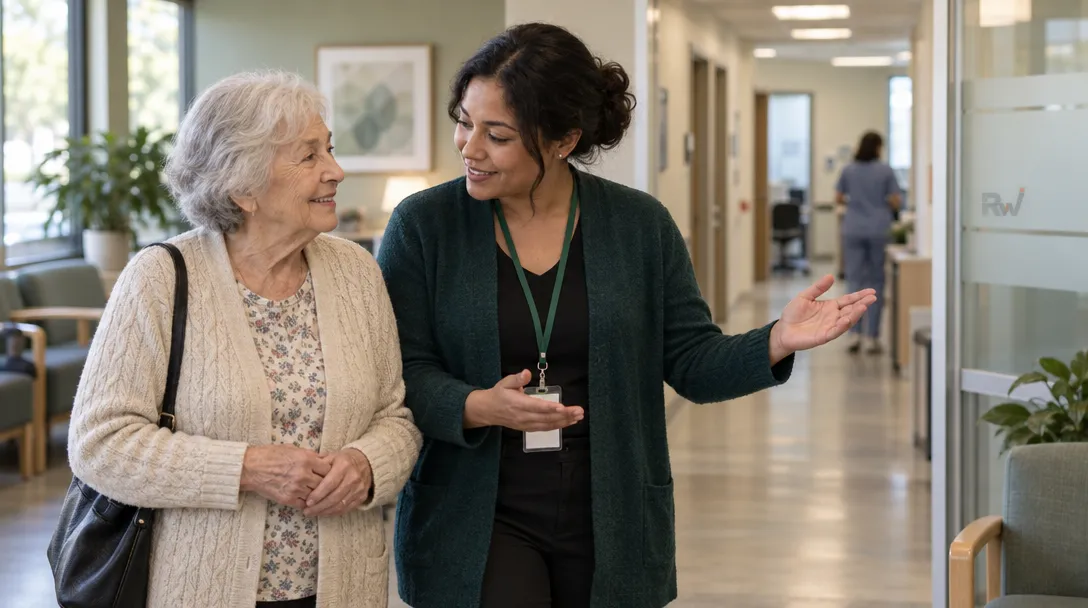 An older Medicare member talks with a care advocate in a community clinic, illustrating Baba’s advocacy service.