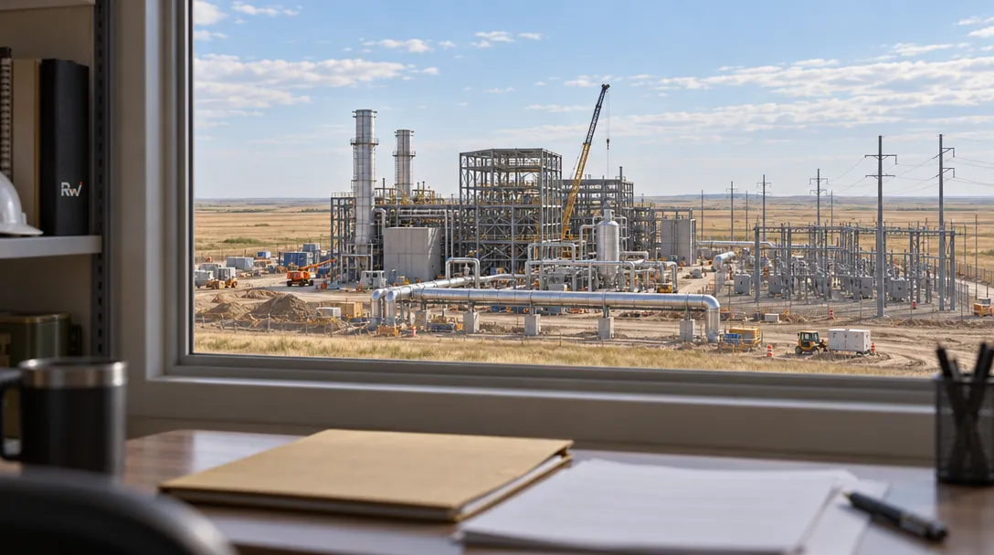 A developing natural-gas power plant on the North Dakota prairie is seen beyond a desk with a plain closed filing folder.
