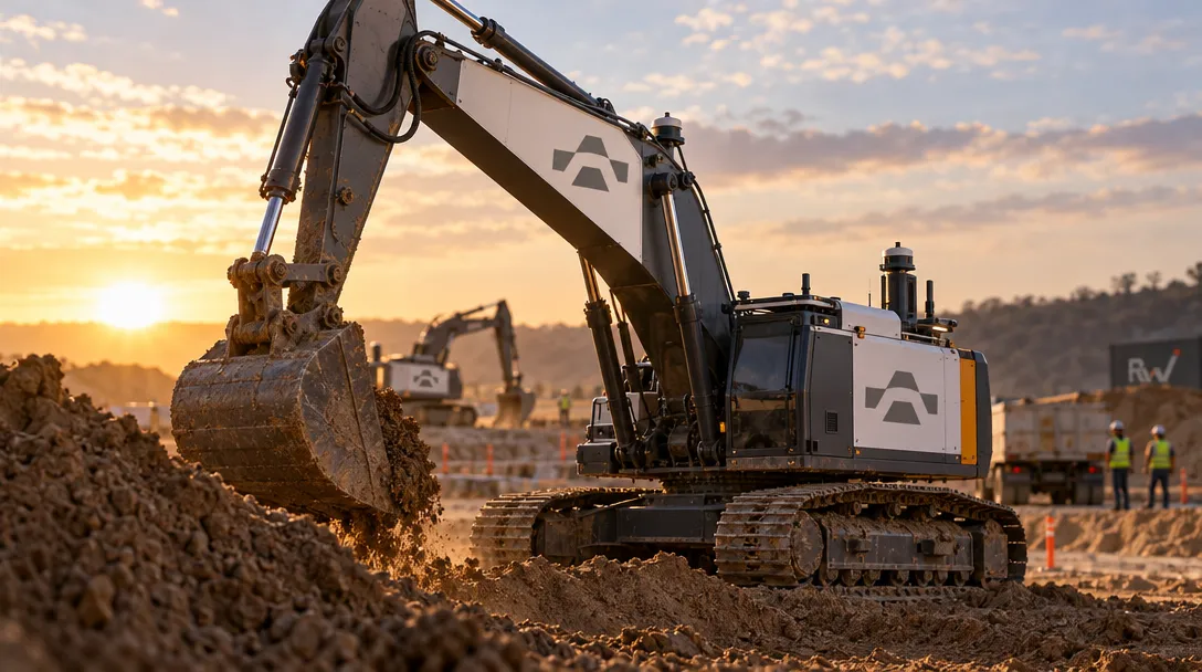 A tracked excavator lifts soil with its bucket at a construction site as two workers stand nearby.