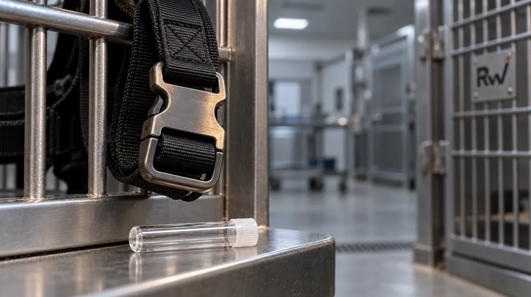 An unused working-dog harness hangs on an empty kennel gate beside a sealed sample tube, evoking Warhound’s planned genetically engineered military dogs.