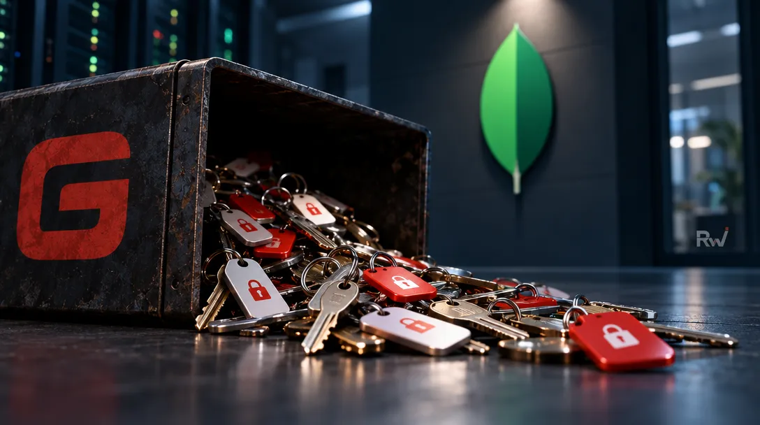 An open metal box marked with a red G spills keys with lock symbols beneath a green leaf emblem, beside server racks.