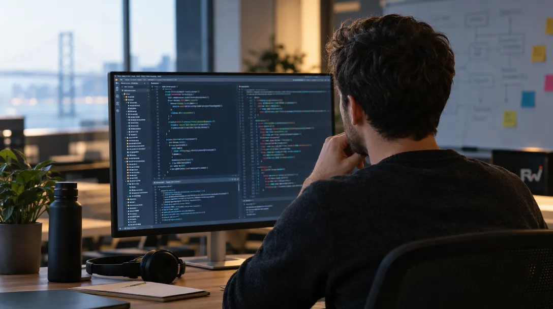 A seated person studies code on a large monitor, with headphones, a water bottle, a potted plant, and a whiteboard nearby.