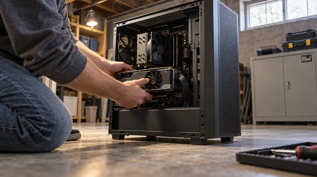A shopper examines an unbranded desktop PC tower on a shelf in a small computer shop.