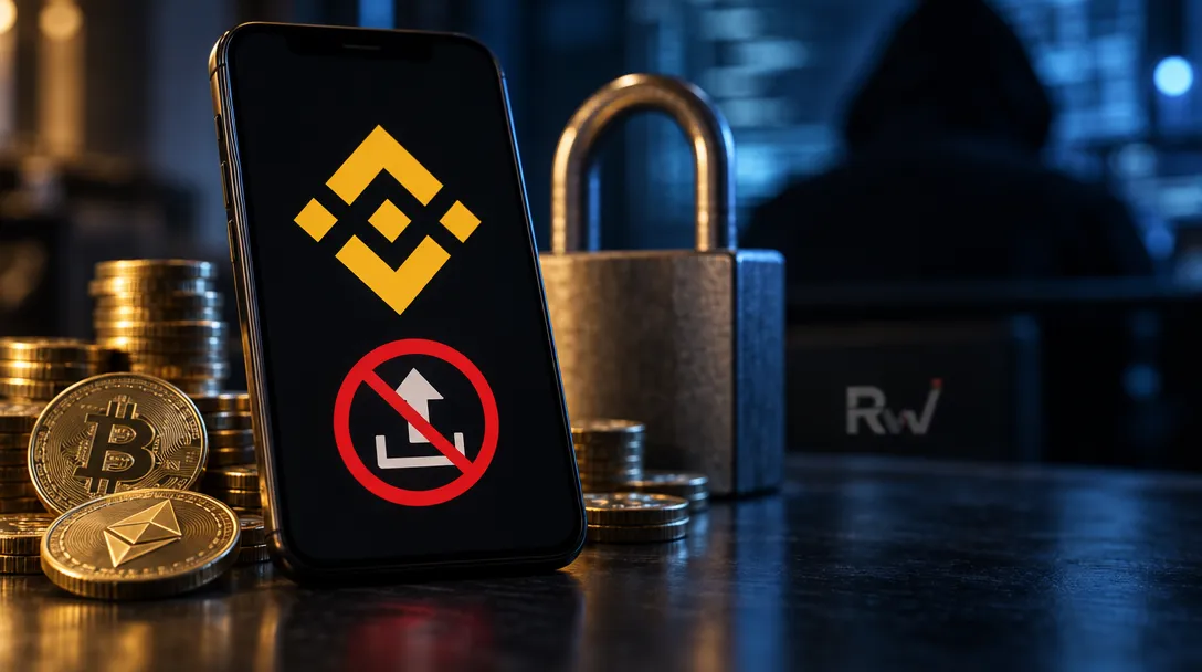 A smartphone displays the yellow Binance logo and a crossed-out arrow symbol beside Bitcoin and Ethereum coins and a large padlock.