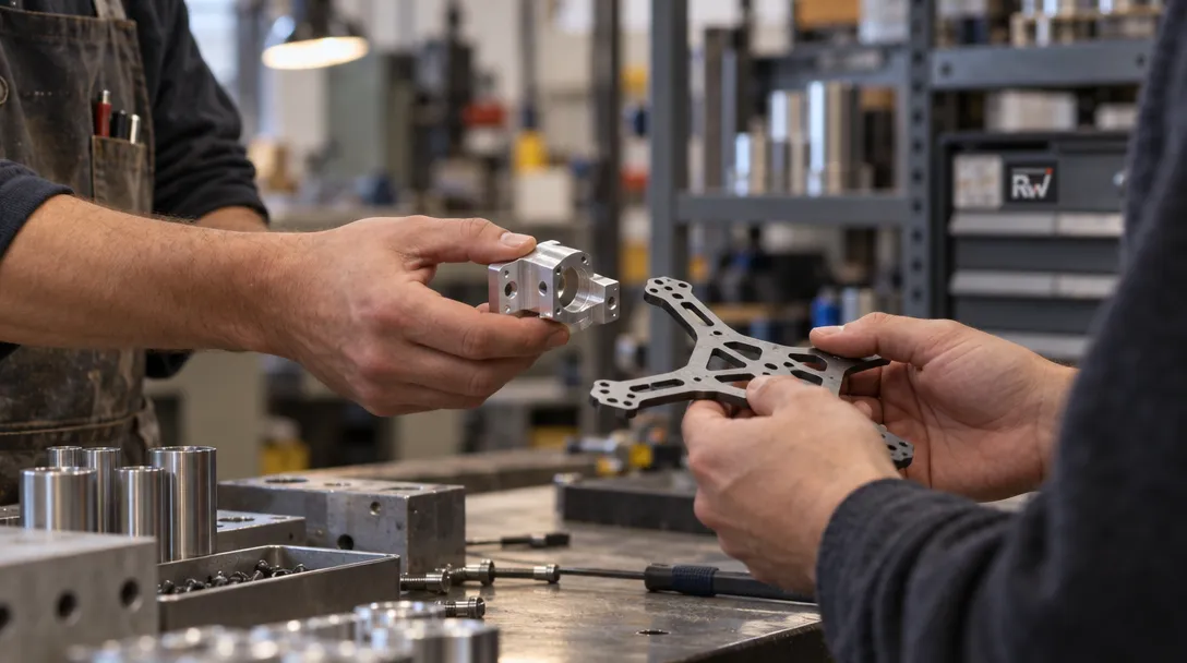 Hands exchange a generic drone component beside robotics parts and machined metal on a workshop bench.