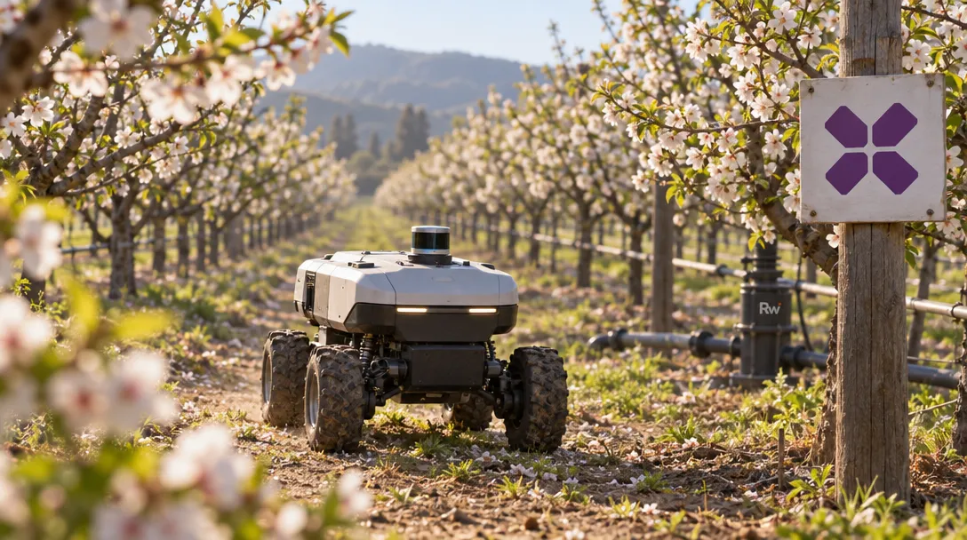 A small pollination robot moves between flowering orchard trees beside a sign bearing the BloomX logo.