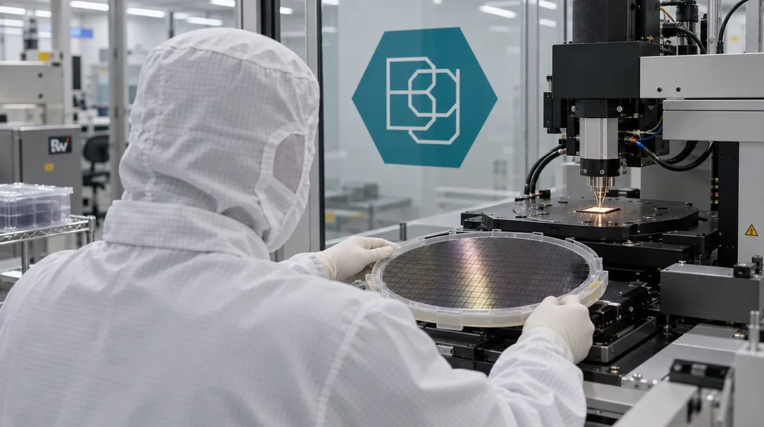 A cleanroom worker positions a silicon wafer at a test station beneath a Bolt Graphics logo.