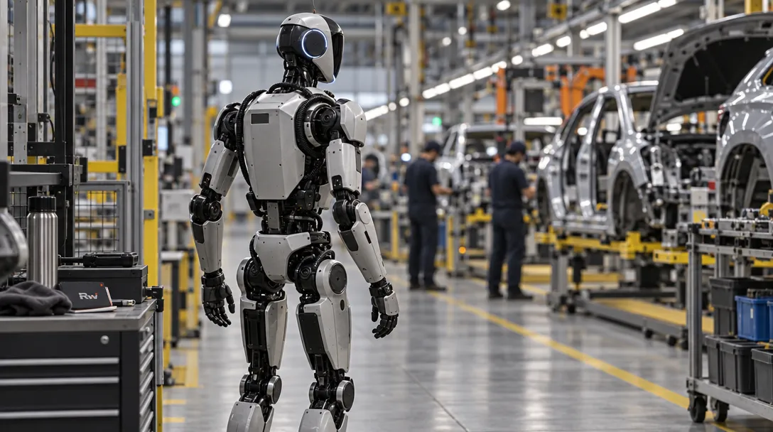 A humanoid robot stands on a factory floor, representing Boston Dynamics’ Atlas factory plans as Rohit Prasad takes over as CEO.