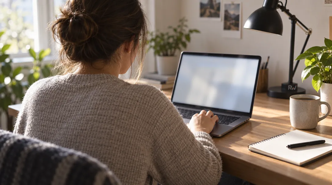A person sits at a home desk with a hand poised over an open laptop, ready to try Hark's newly launched online service.