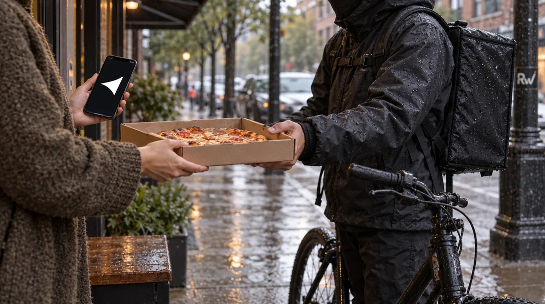 A customer receives a pizza from a bicycle courier in the rain, with the Hark logo visible on a phone.