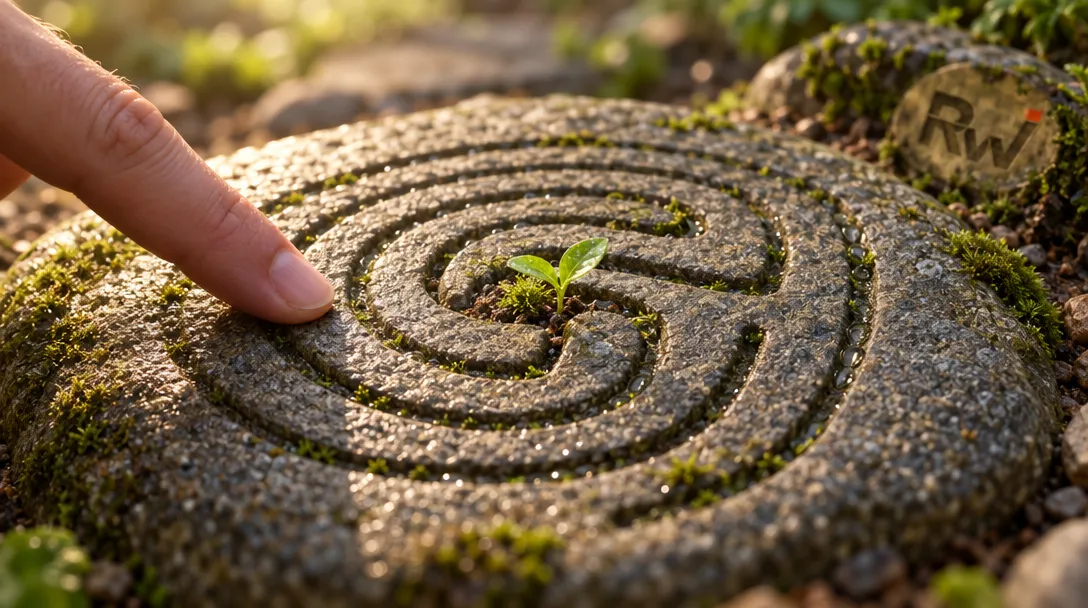 A fingertip traces a stone labyrinth with a sprout at its center, evoking Brett Hurt’s soul-searching before Love Conquers Fear.