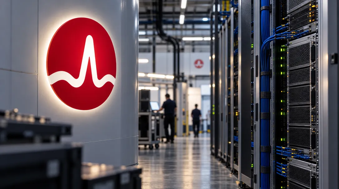 Server racks with blue cables and green status lights line an aisle as two people walk past a red circular waveform logo.