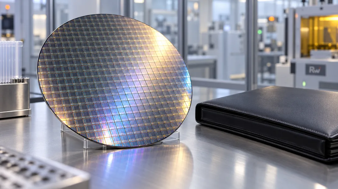 A generic silicon wafer and an unmarked funding folio represent Broadcom's proposed financing for OpenAI's custom chips.