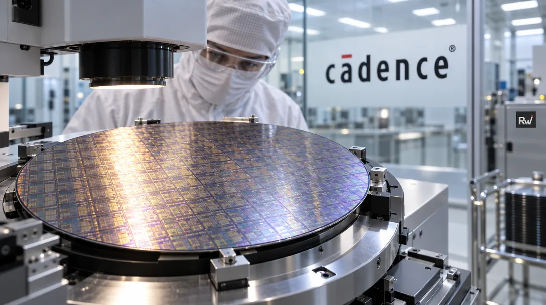 A masked person leans over a patterned silicon wafer on industrial equipment; “cadence” is printed on the glass behind them.