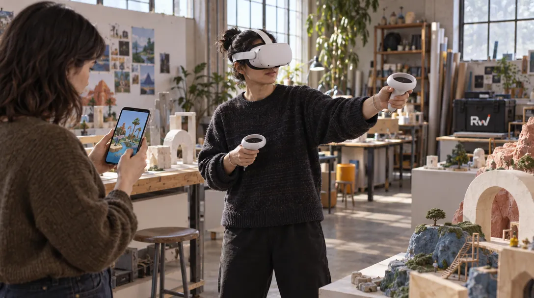 A creator wearing a Quest headset explores a 3D world as a collaborator holds a phone beside sculptural models.