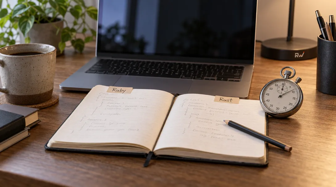An open notebook with Ruby and Rust tabs sits beside an unbranded laptop and a small stopwatch on a developer’s desk.