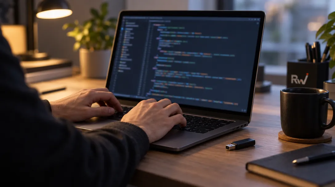 A researcher’s hands type on a laptop with indistinct code beside a plain USB drive.